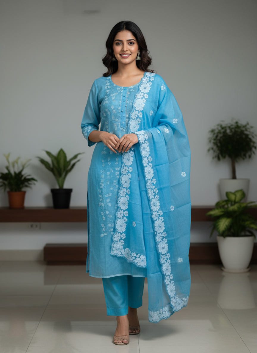 Sky Blue Embroidered Kota Doria 3 piece unstitched Dress Material