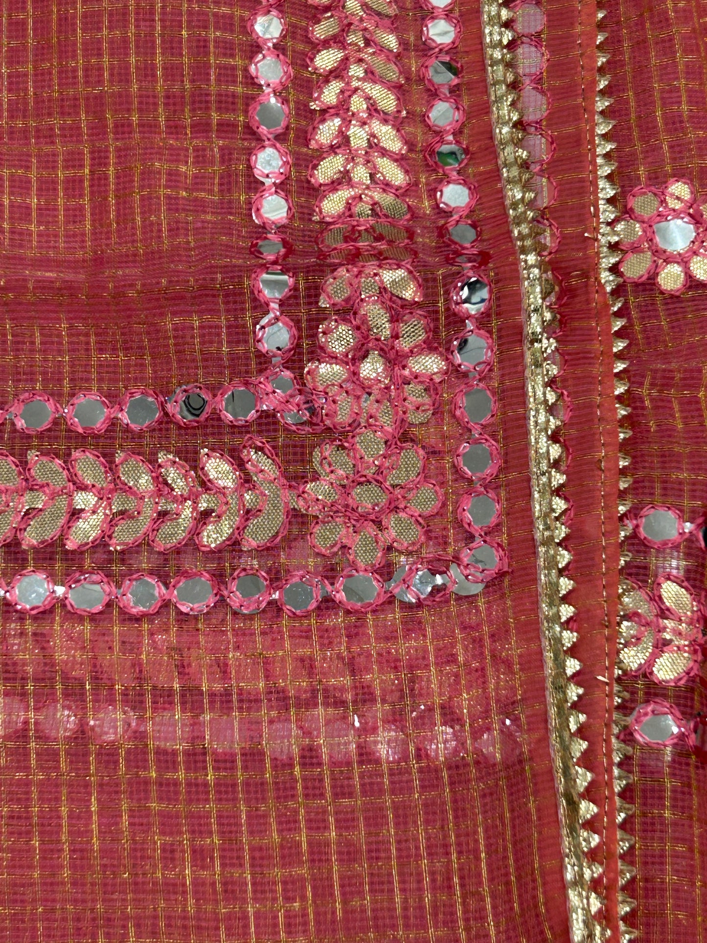 Carrot red Kota Doria with Gotapatti 3 piece unstitched Dress Material