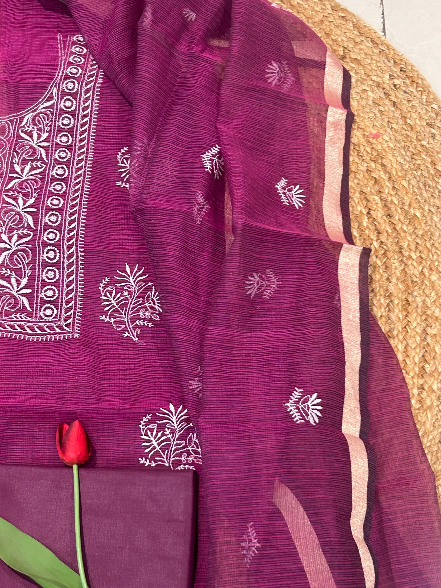 Wine Mixed Cotton Kota Doria Unstitched Suit Set