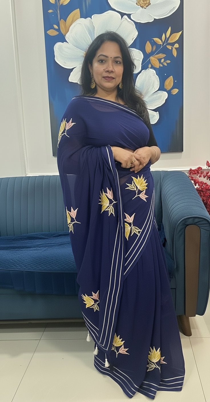 Deep Navy royal blue Mulcotton saree with Gottapatti embroidery work