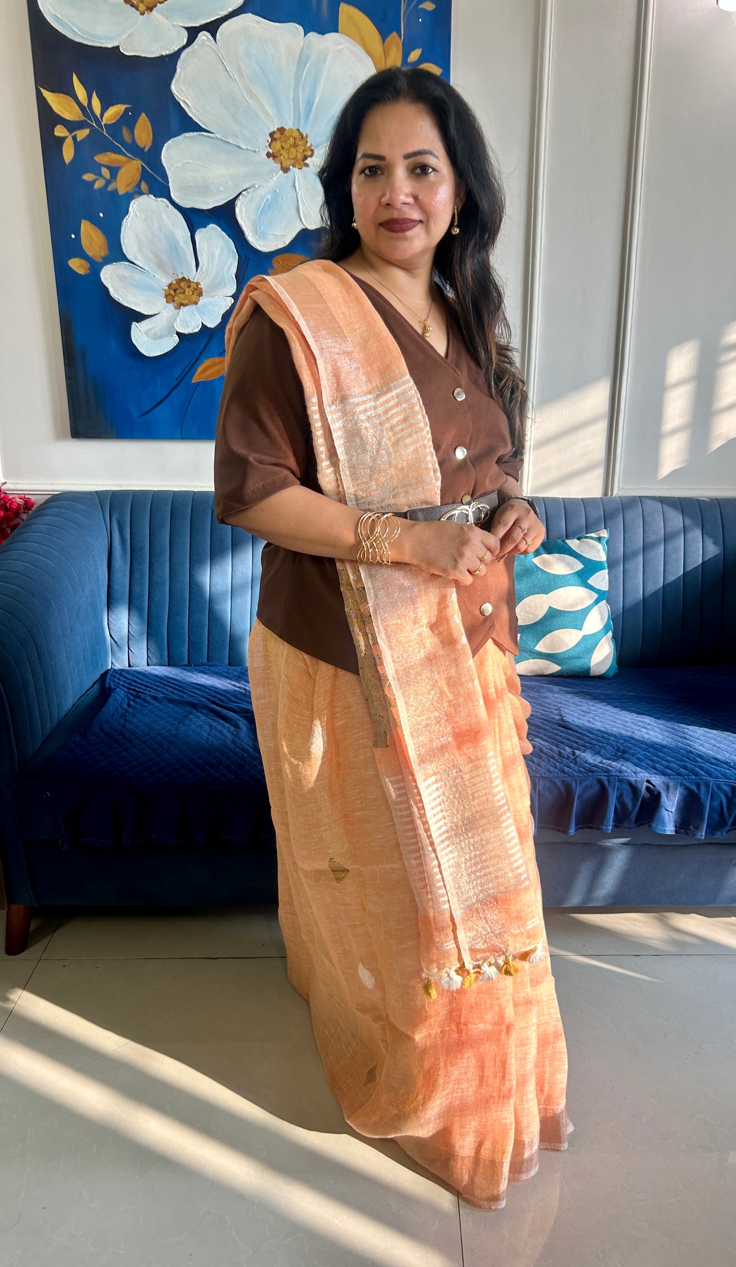 Peach Linen Jamdani weaving Pure Handloom Saree with Blouse Piece SLN38