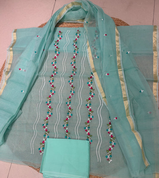 Sea Green Mix Cotton Embroidered Unstitched Suit Set