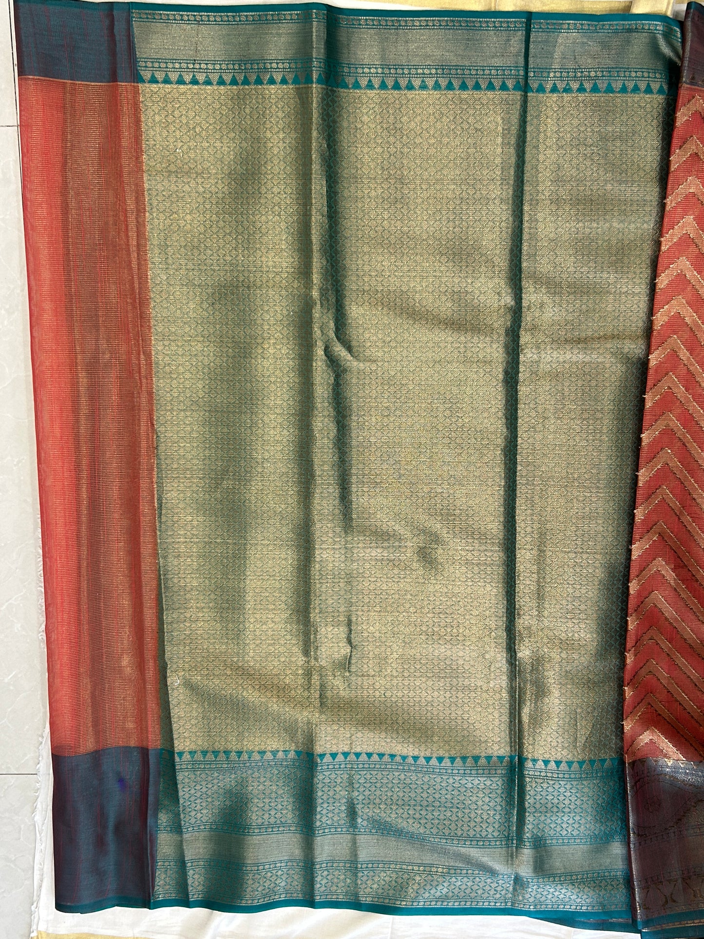 Burnt Orange with Teal blue border with Antique Gold Zari Linen Tissue Banarasi saree with Brocade blouse piece