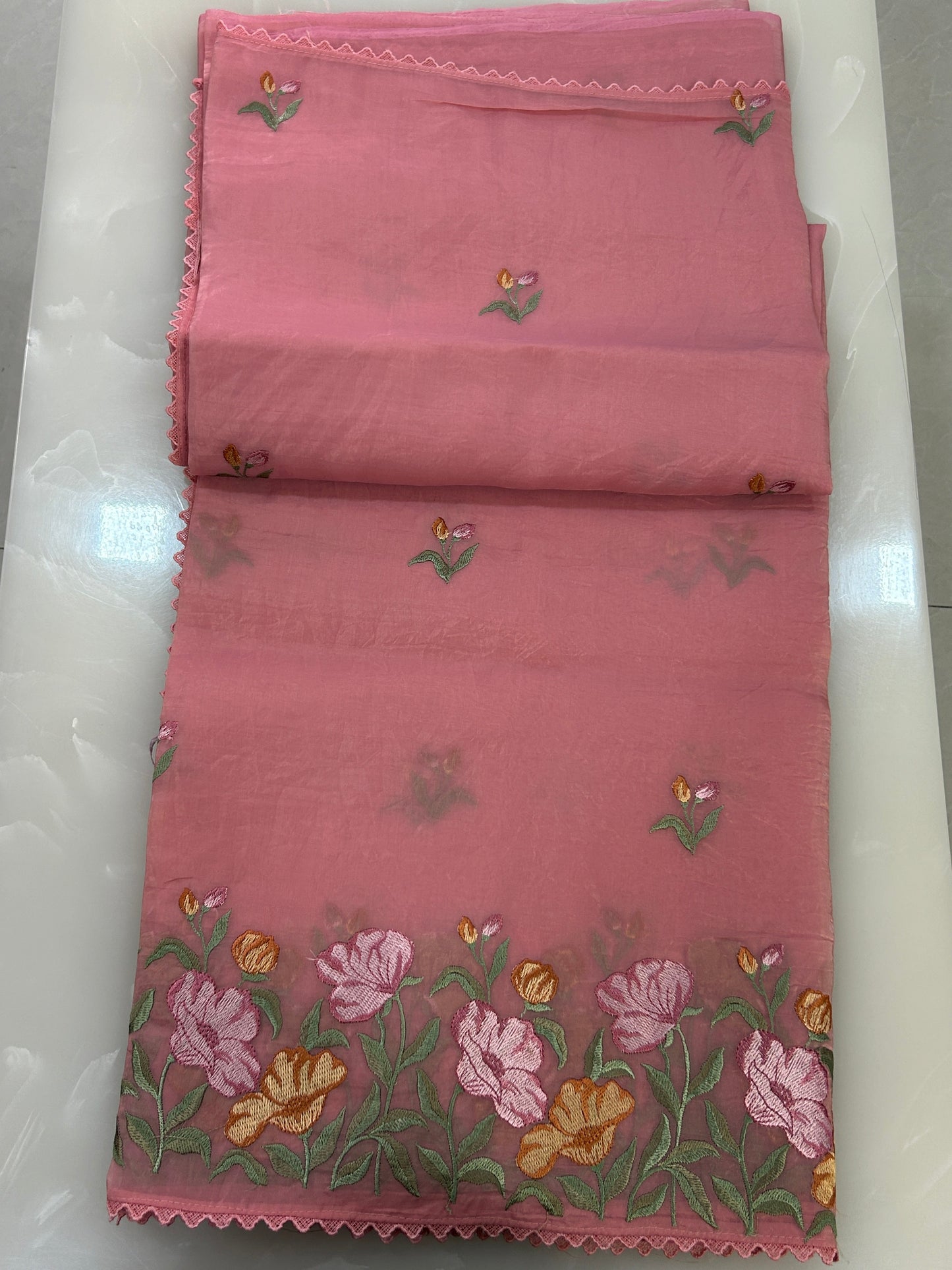 Peach color Crushed Organza Saree with blouse piece SCO156