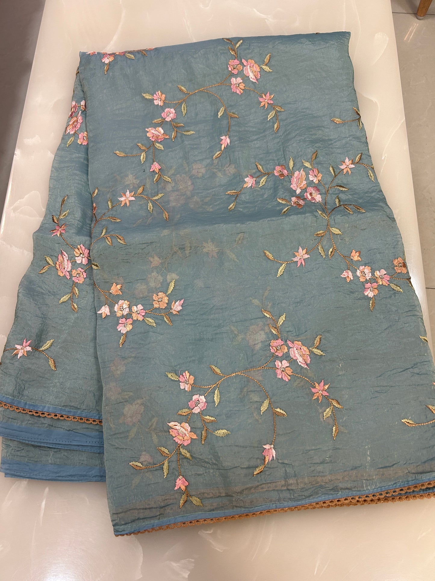 Pastel Blue Crushed Orgenza Saree with embroidery all over body with blouse piece SCO155