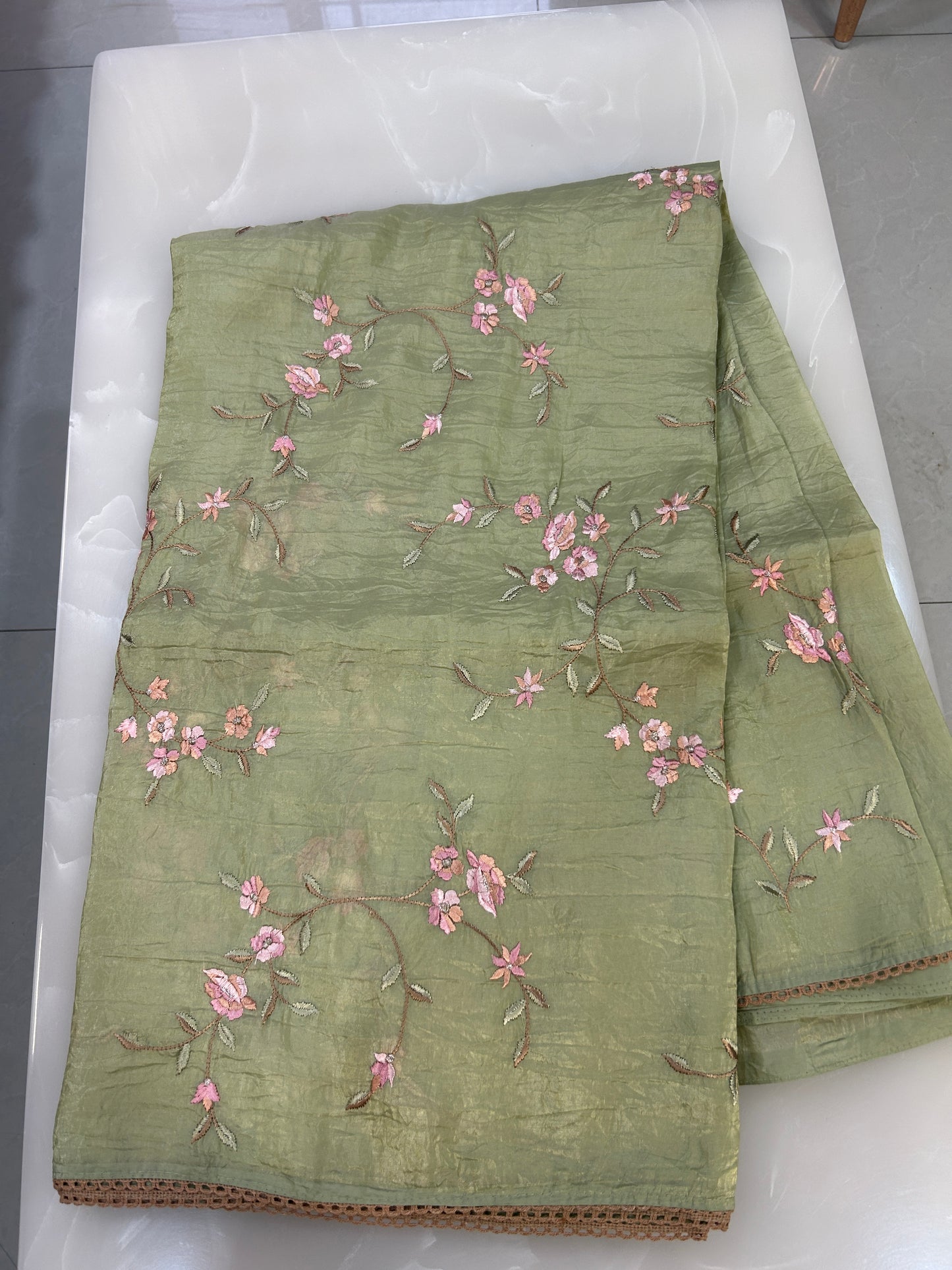 Pastel Green Crushed Orgenza Saree with embroidery all over body with blouse piece SCO154