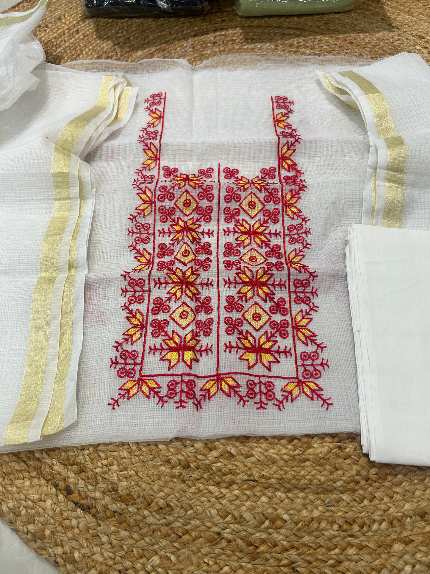 Red & Mustard Embroidered Mix Cotton Kota Doria 3-Piece Unstitched Suit Set