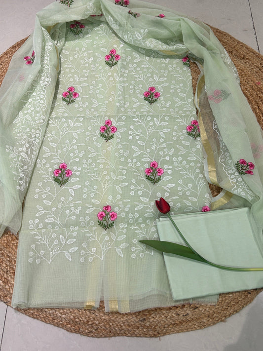 Sage Green Mixed Cotton Kota Doria Unstitched Suit Set