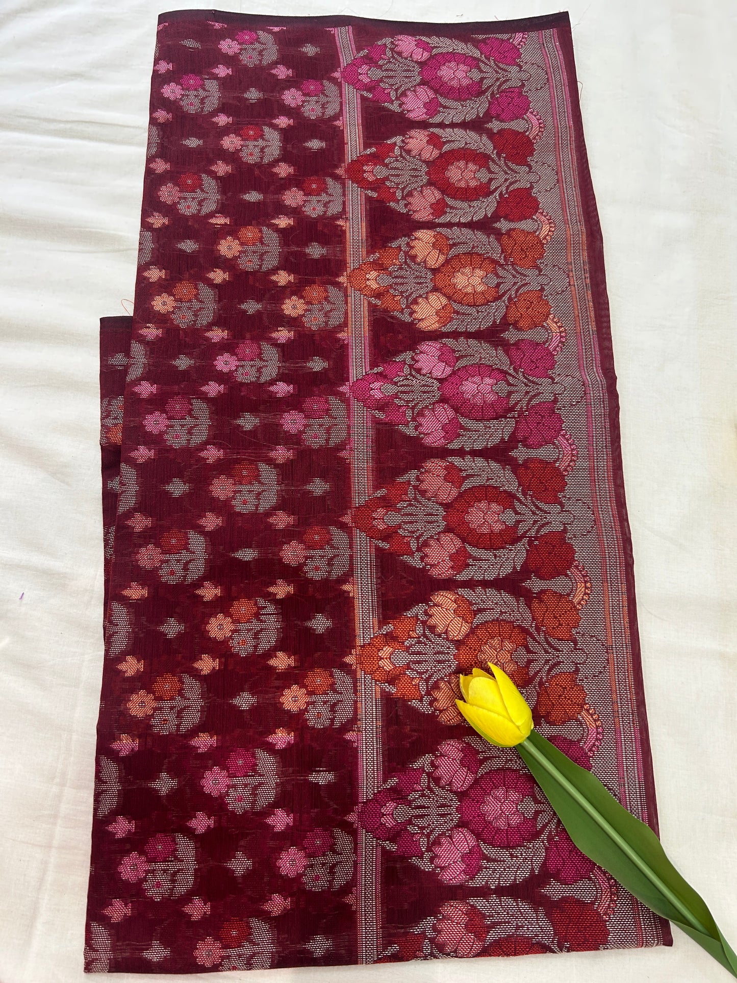 Handwoven maroon Cotton silk Unstitched Banarasi Suit Set with Resham Weaving