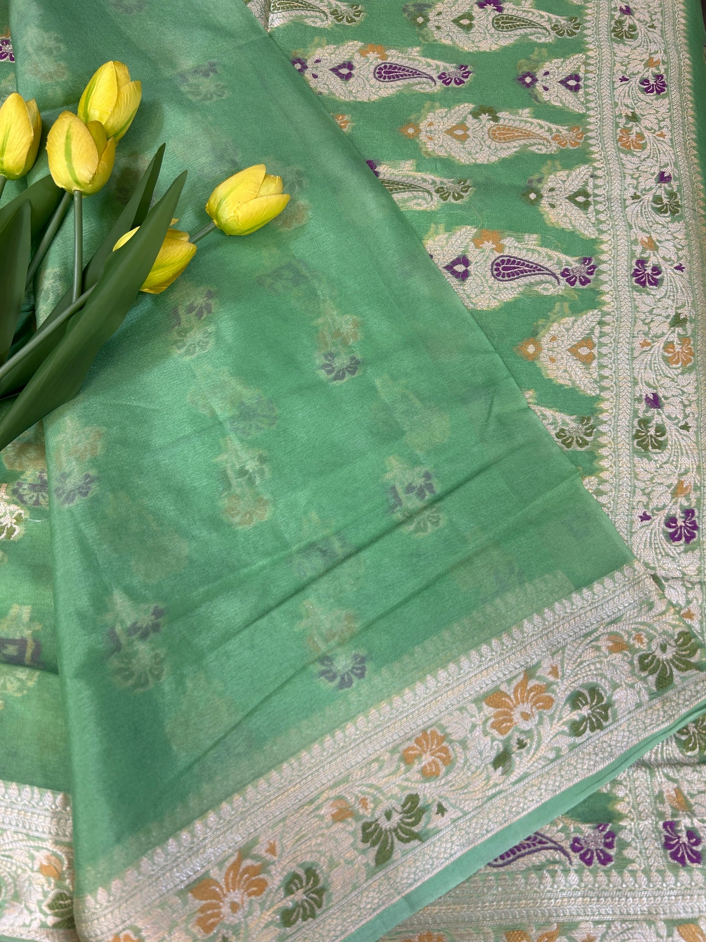 Authentic Handloom Pure Khaddi Georgette Banarasi Saree – Mint Green with Meenakari Weaving