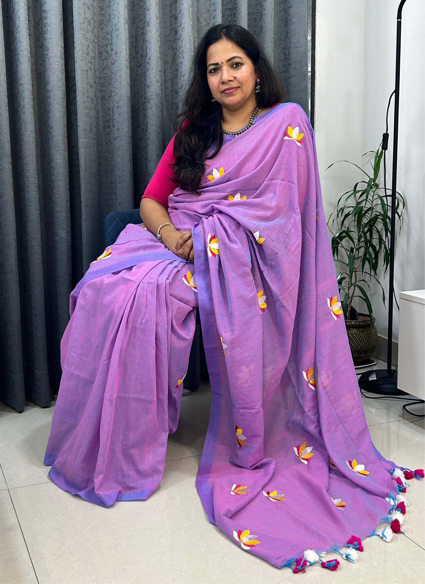 Lavender color Mulcotton saree with multicolor embroidery butta SMC240