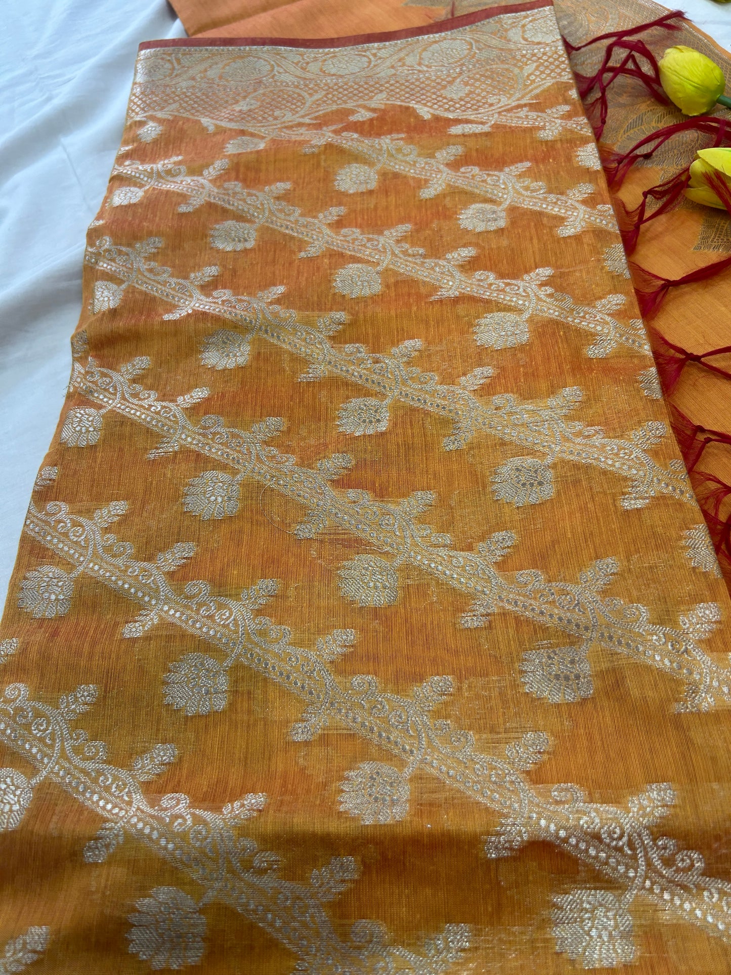 Mango yellow with Solid color body Banarasi 3 piece set