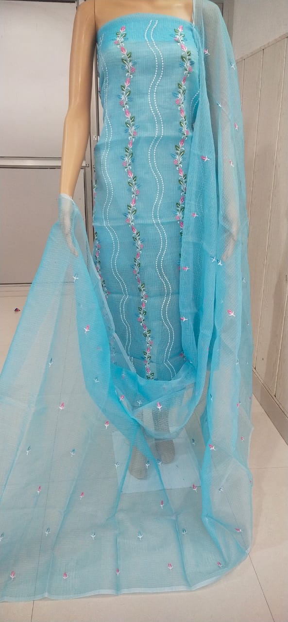 Mix Cotton Floral Embroidered Unstitched Suit Set – Aqua Blue