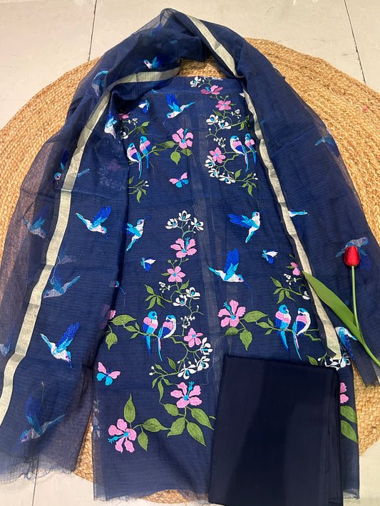 Navy Blue Floral & Hummingbird Embroidered Mixed-Cotton Kota Doria Unstitched Suit Set
