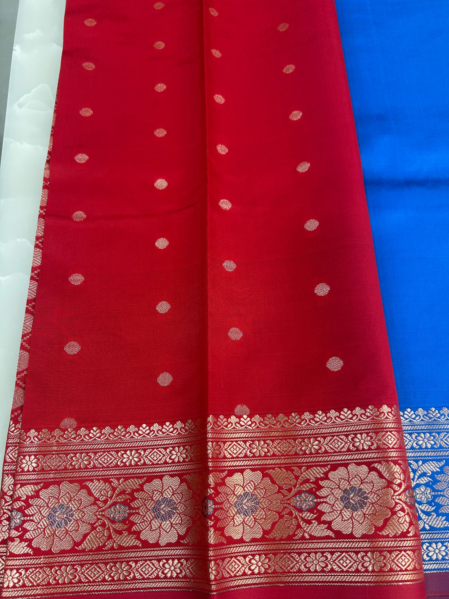 Royal Blue Katan Semi Silk Banarasi Saree with Contrast Red Brocade Pallu and Blouse Piece SSB225