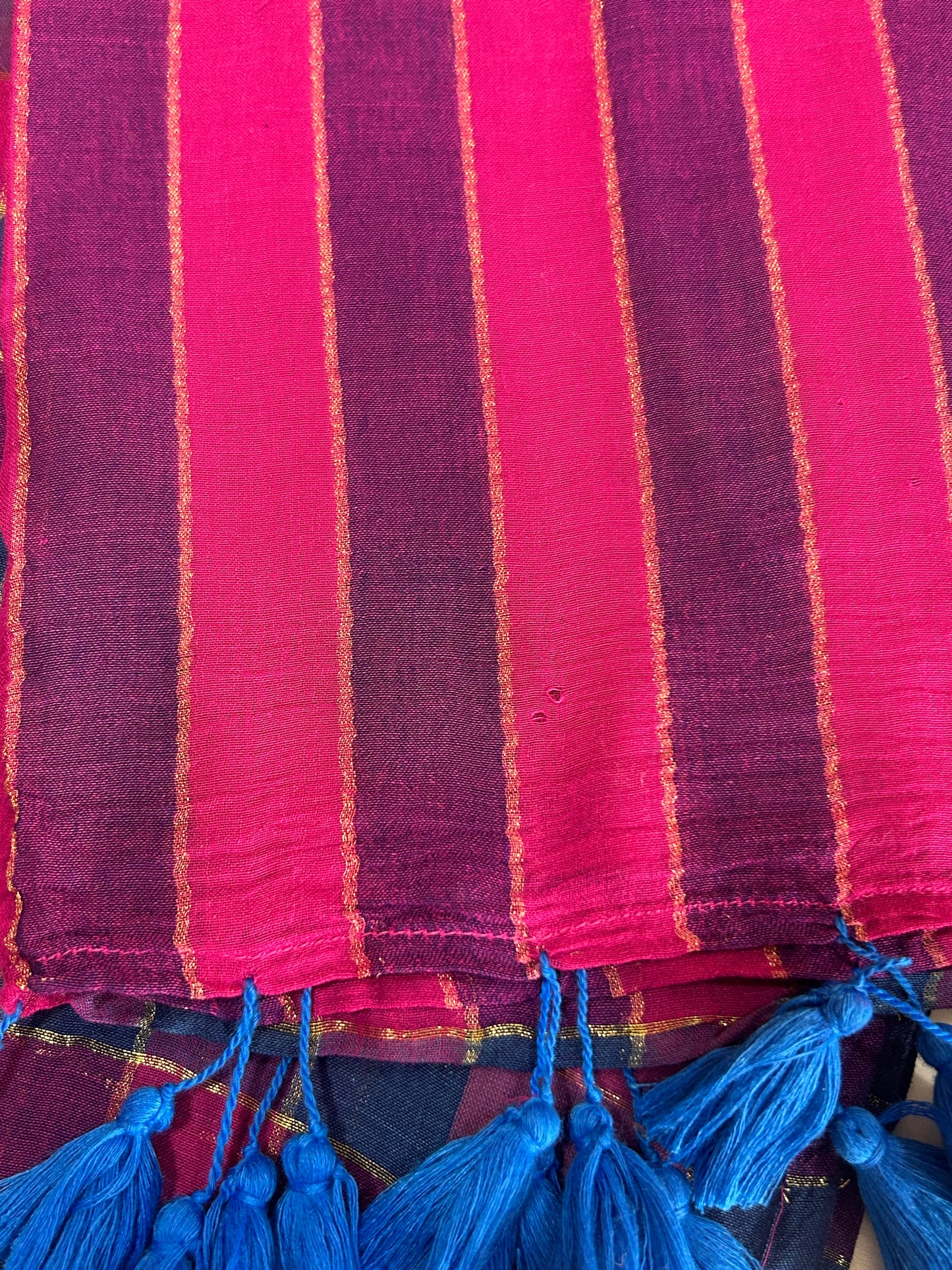 Rainbow mulcotton with majenta and teal blue checked pattern body and vertical striped pallu SMC 233