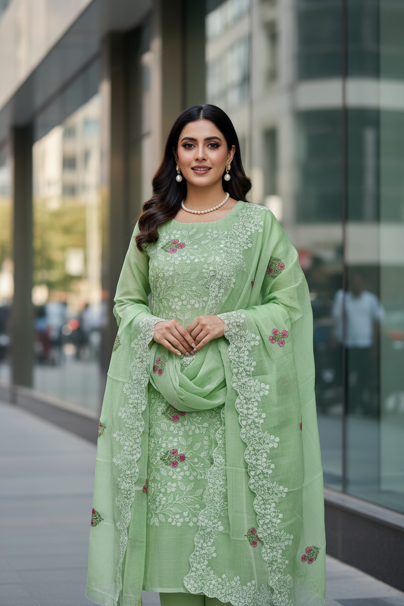 Parrot Green color Embroidered Kota Doria 3 piece unstitched Dress Material