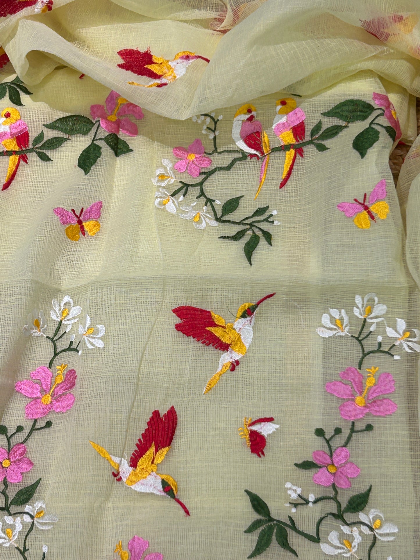 Lime yellow Embroidered Mix Cotton Kota Doria 3-Piece Dress Material