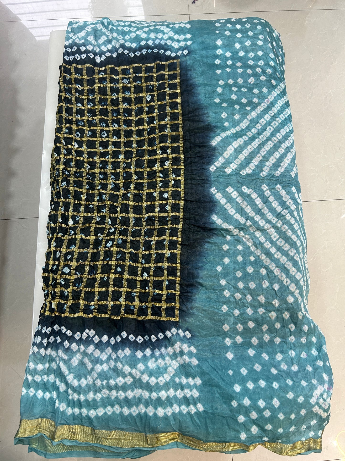 Teal blue and black Bandhej saree with blouse piece SB210