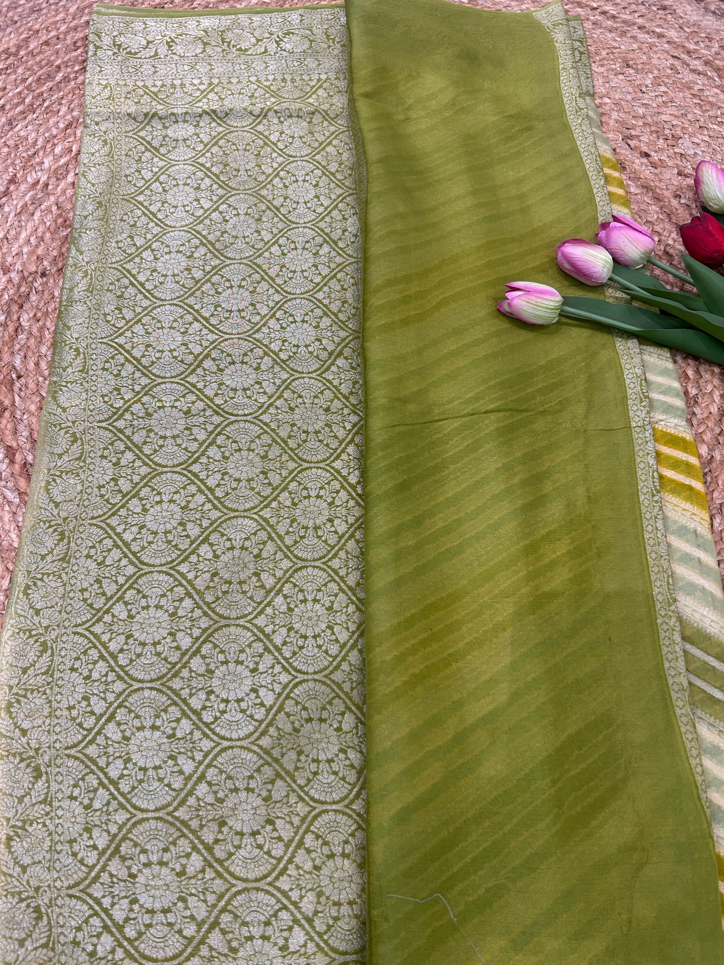 Authentic Handloom Pistachio Green Pure Georgette Khaddi weaving Saree