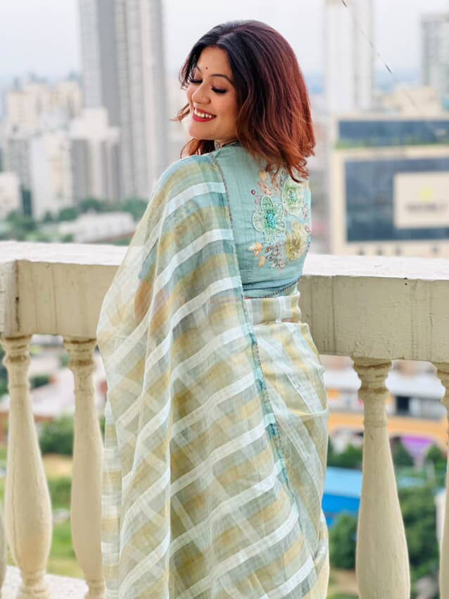 Pure tissue and Organza silver and golden vertical striped saree SO220