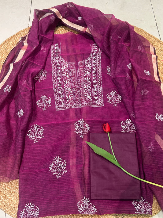 Wine Mixed Cotton Kota Doria Unstitched Suit Set