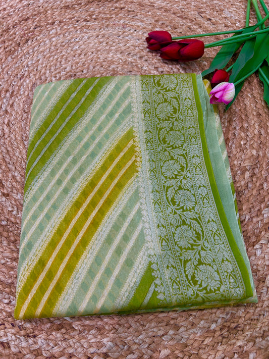 Authentic Handloom Pistachio Green Pure Georgette Khaddi weaving Saree