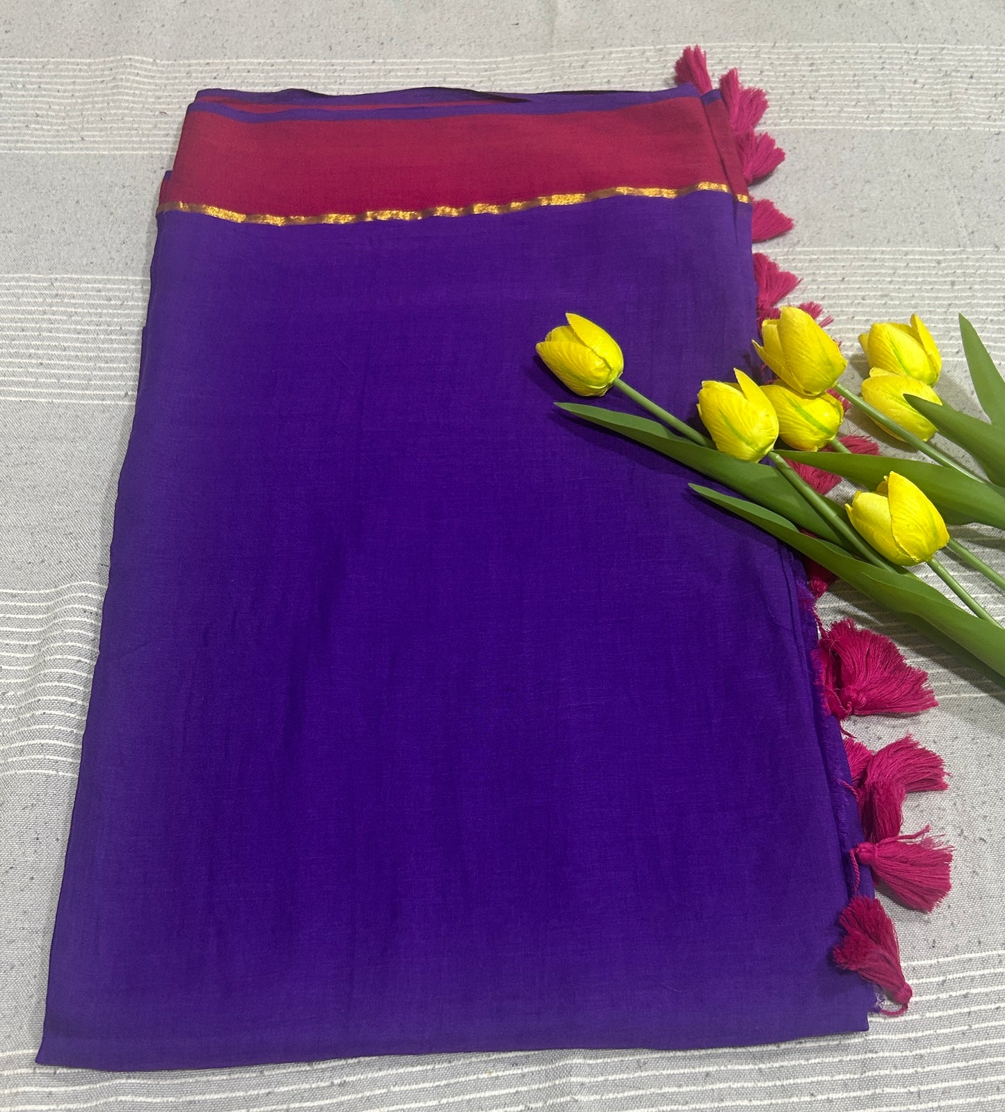 Deep Purple Mulcotton saree with pink and golden stripe SMC249