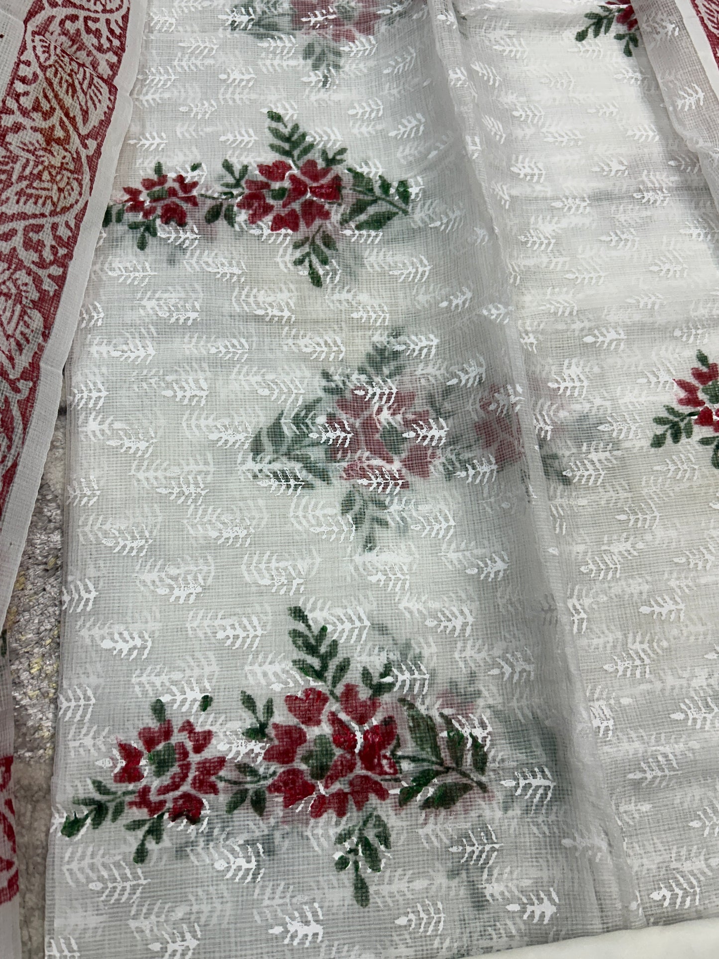 White and red color printed Kota Doria 3 piece unstitched Dress Material