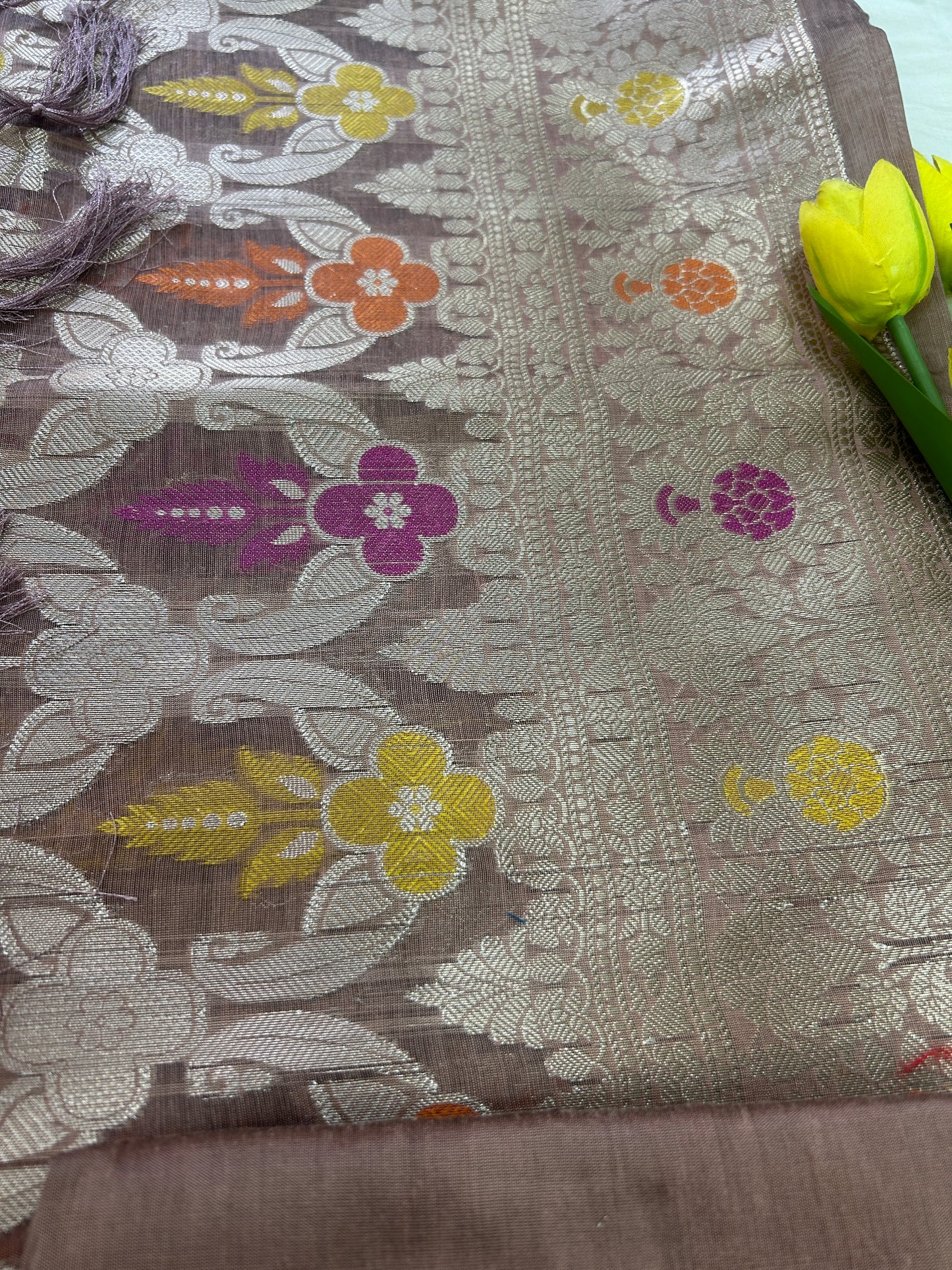Dusty Brown Cotton double Zari Banarasi 3 piece set