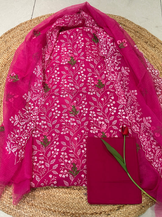 Rani Pink Mixed Cotton Kota Doria Unstitched Suit Set