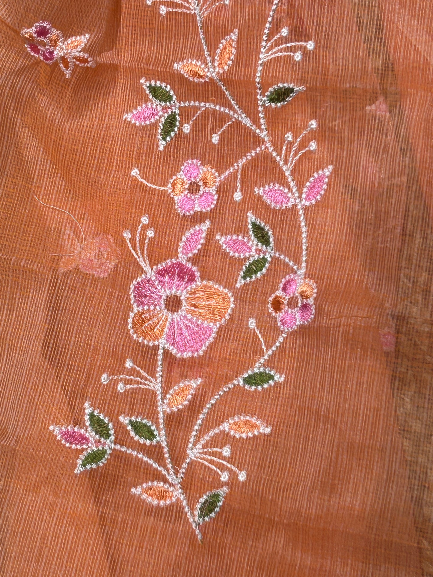 Peach Orange Floral Embroidered Mix Cotton Kota Doria 3-Piece Suit Set