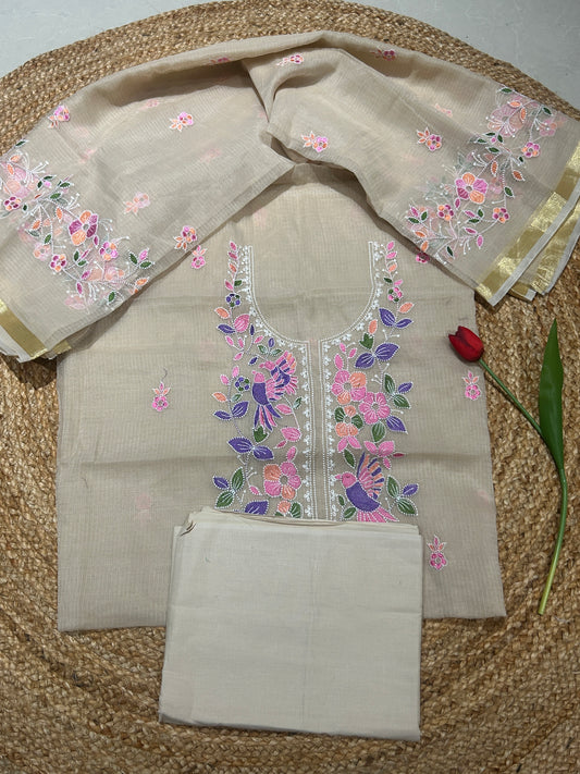 Soft Biscuit Beige Embroidered Mix Cotton Kota Doria 3-Piece Unstitched Suit Set