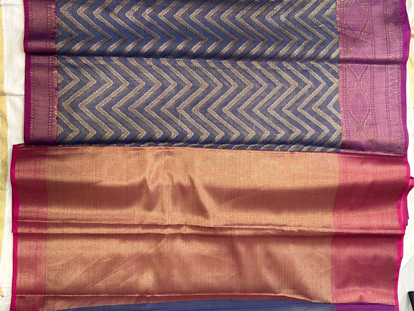 Royal Blue & Magenta with Antique Gold Zari Linen Tissue Banarasi saree with Brocade blouse piece