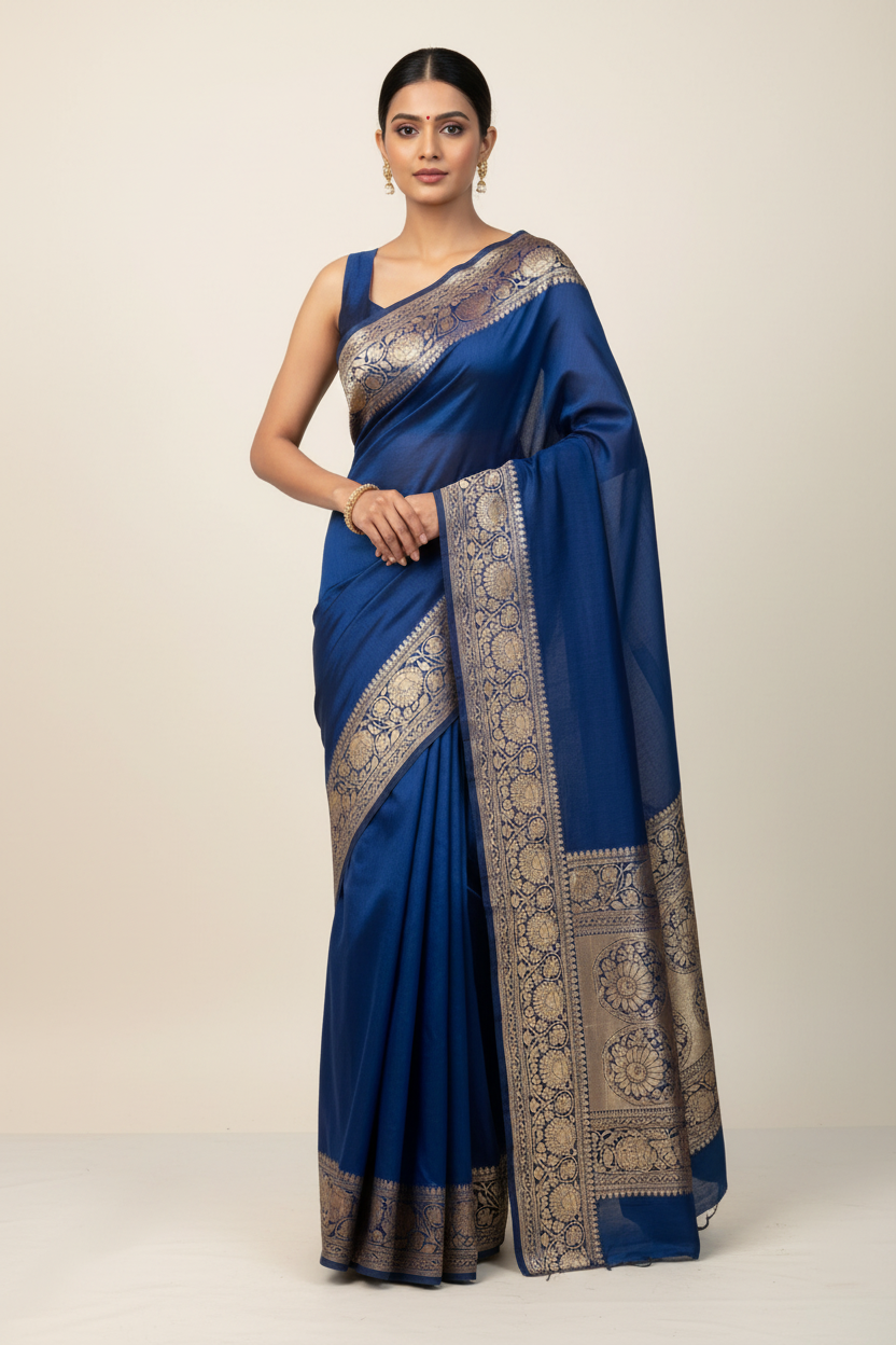 Deep blue color plain body Dupion Silk Handloom Banarasi Saree