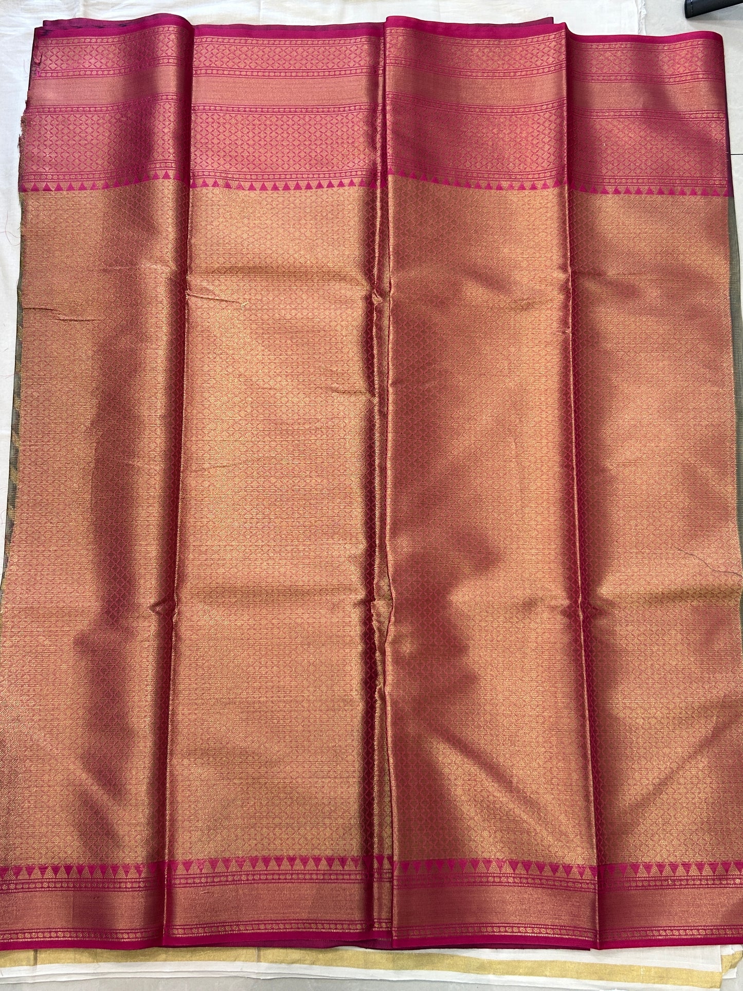 Charcoal grey and deep pink border with Antique Gold Zari Linen Tissue Banarasi saree with Brocade blouse piece