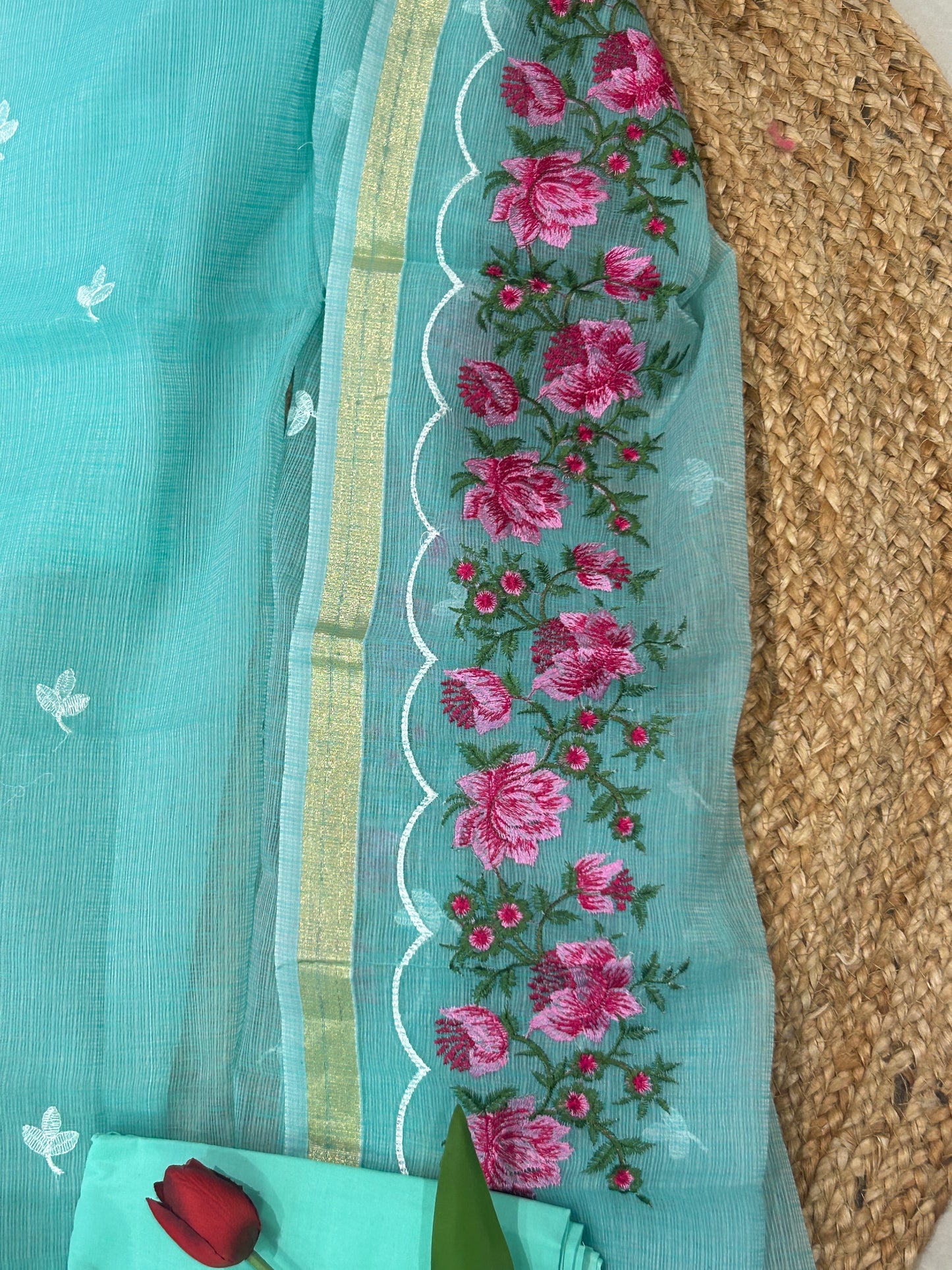 Aqua Blue Floral Embroidered Mix-Cotton Unstitched Suit Set