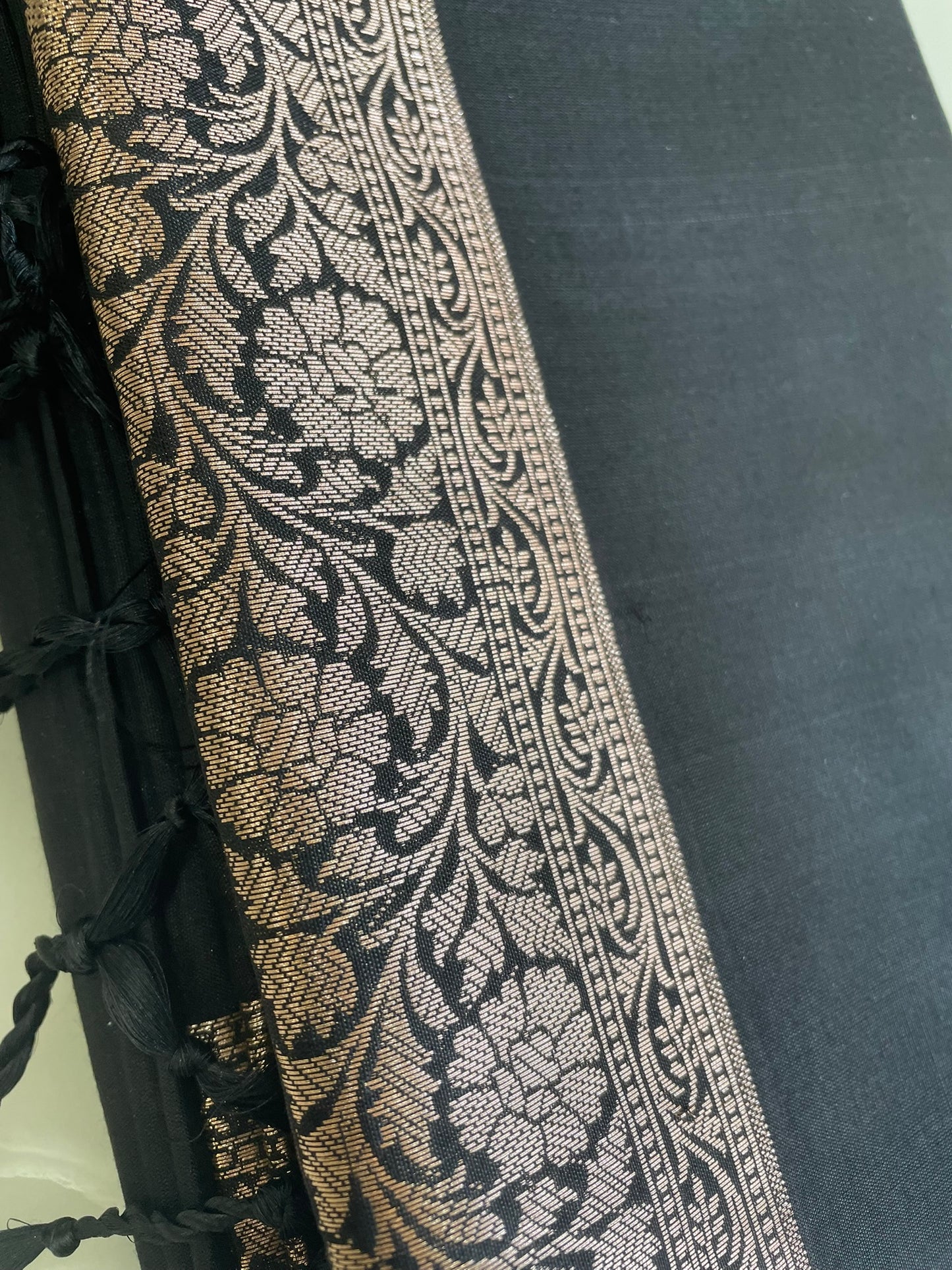 Black Munga Cotton Silk Saree with Golden Zari on the border and pallu with Blouse Piece SMGC146