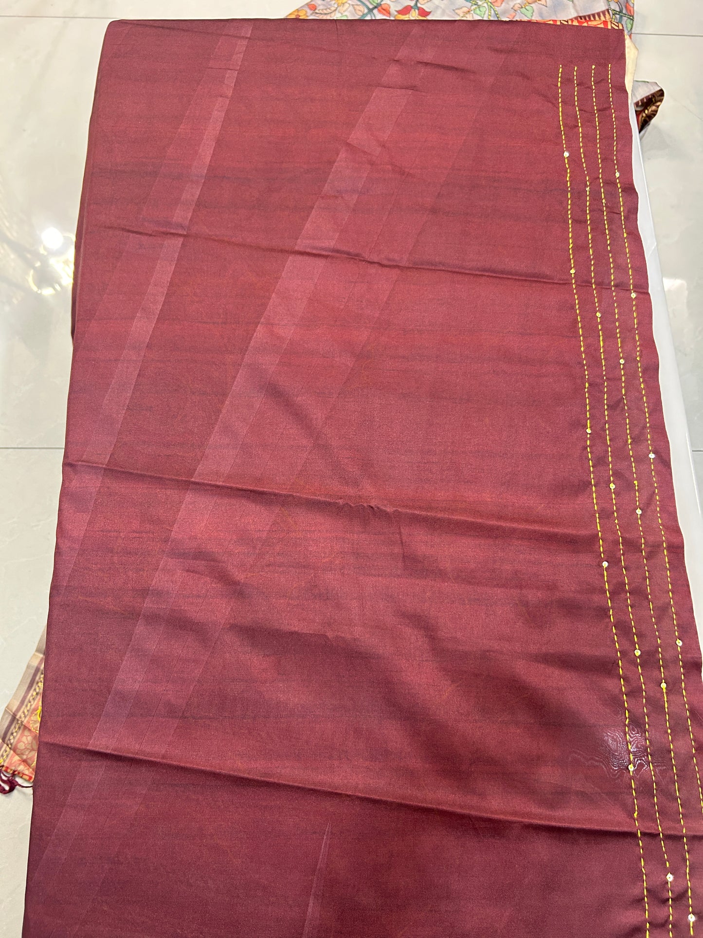Light Blue and Maroon in Kalamkari print and kantha stitching Saree with blouse piece SSS162