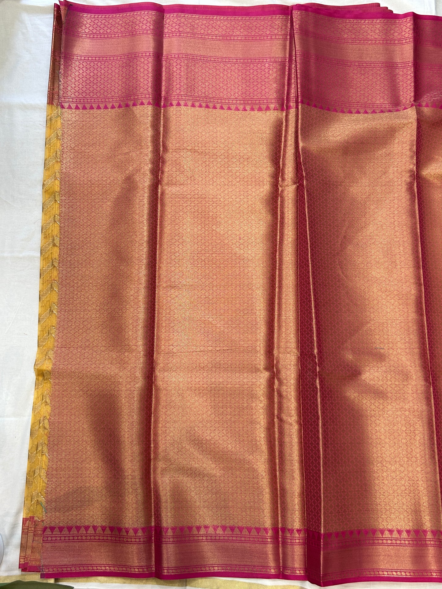 Mustard Yellow with Rani Pink border with Antique Gold Zari Linen Tissue Banarasi saree with Brocade blouse piece