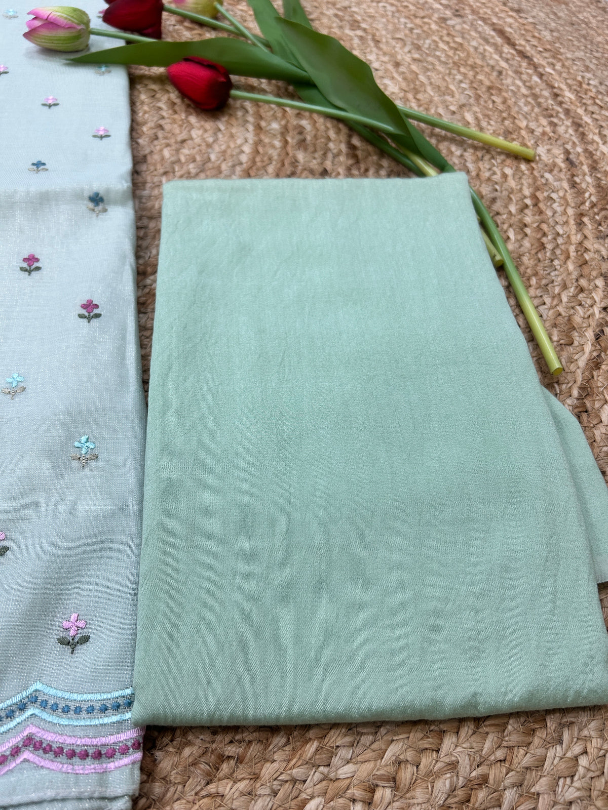 Pastel Green Pure Mul Tissue Parsi Embroidery Dress Material