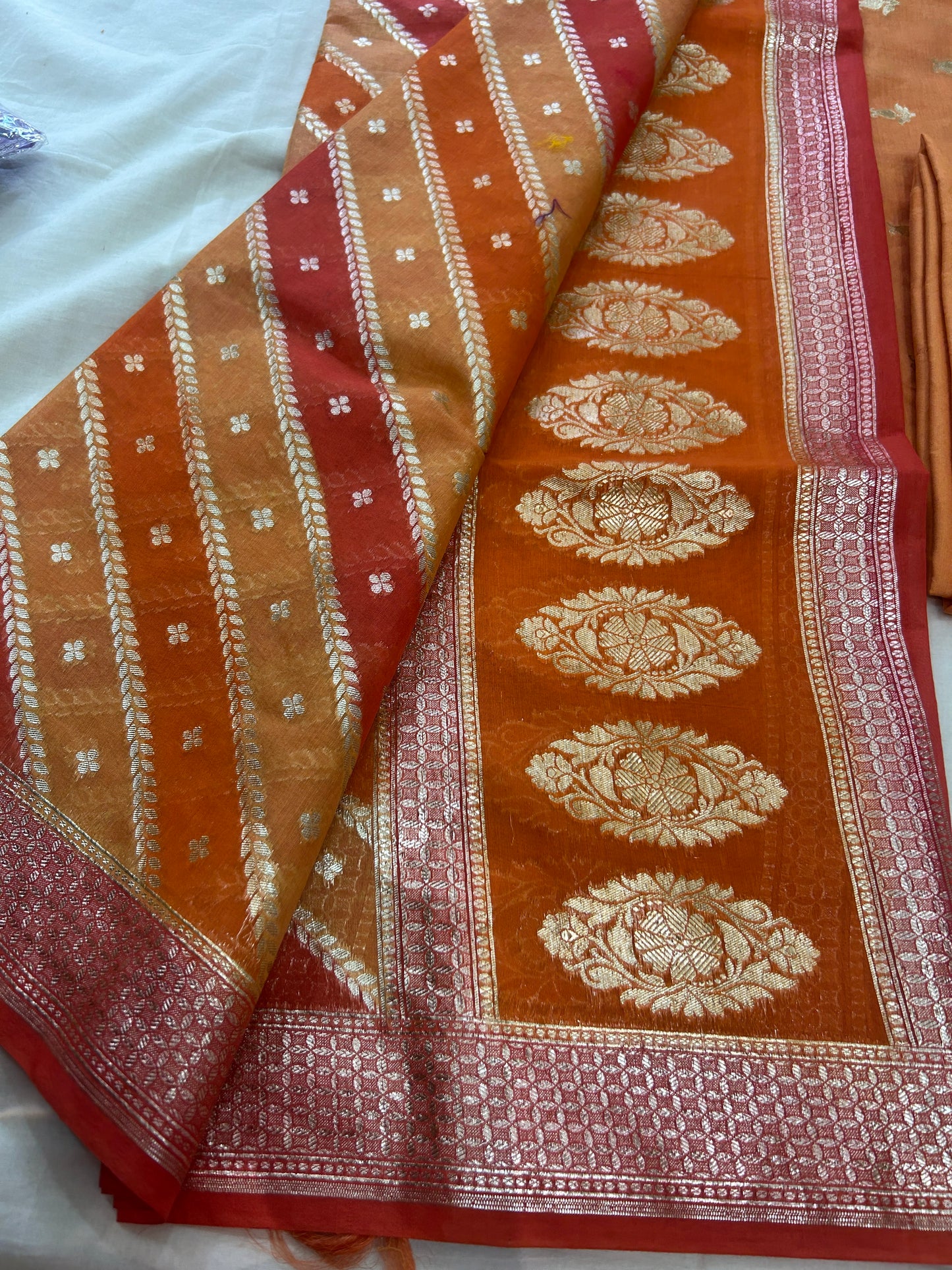Rust orange golden butti banarasi 3 piece set with diagonal striped dupatta