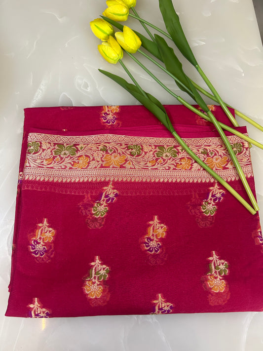 Authentic Handloom Pure Khaddi Georgette Banarasi Saree – Rani Pink with Meenakari Weaving