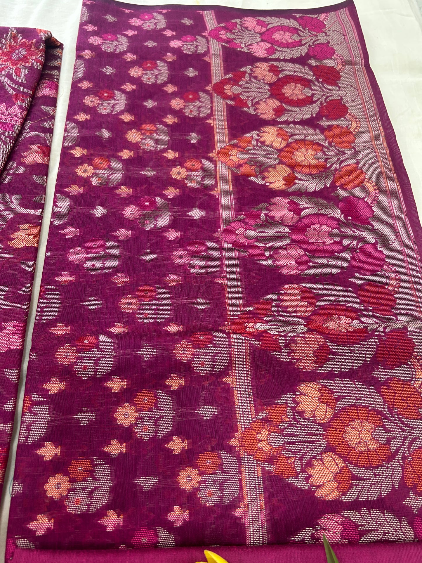 Handwoven deep Magenta Cotton silk Unstitched Banarasi Suit Set with Resham Weaving