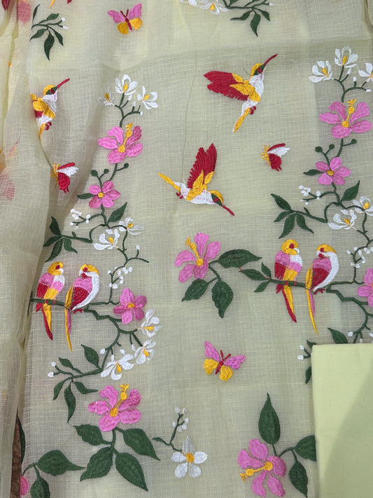 Lime yellow Embroidered Mix Cotton Kota Doria 3-Piece Dress Material