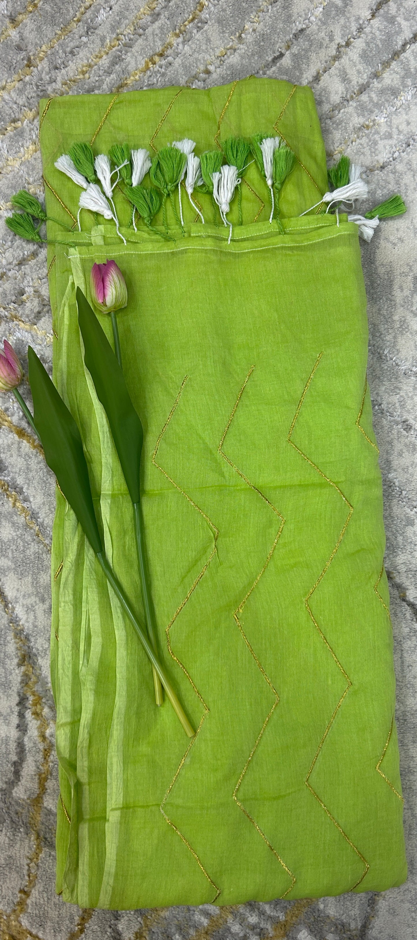 Light green Mulcotton saree with zig zag golden thread embroidery