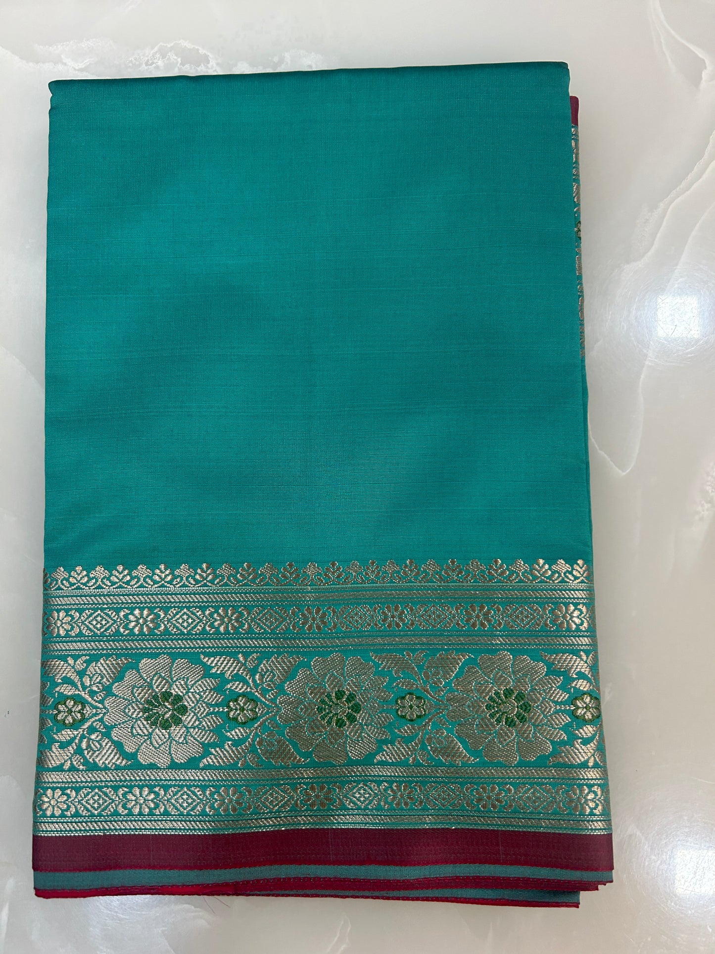 Teal Green Katan Semi Silk Banarasi Saree with Contrast Red Brocade Pallu and Blouse Piece SSB224