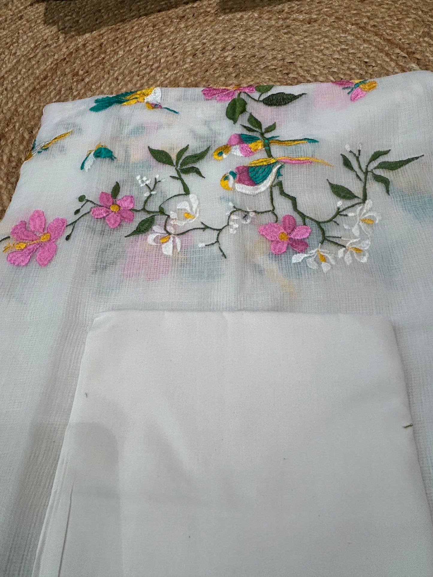 White Embroidered Kota Doria 3-Piece Dress Material
