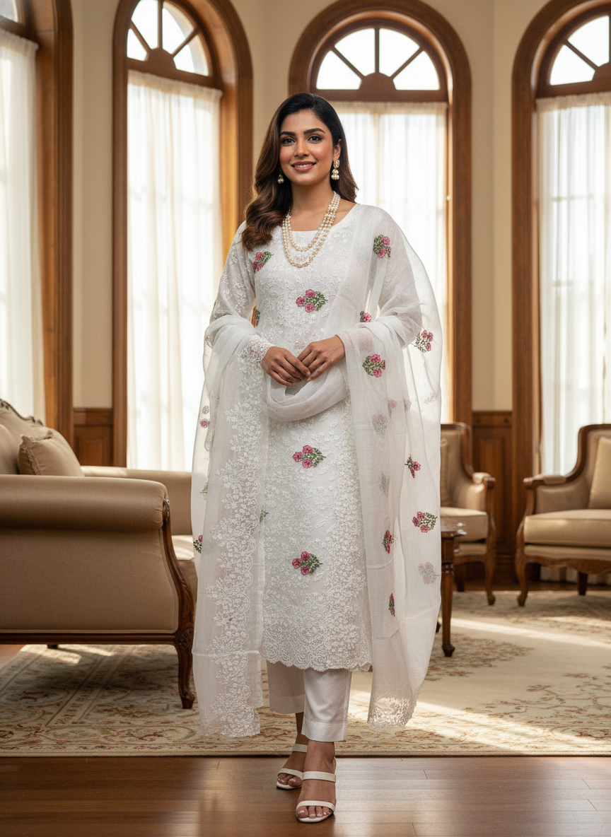 White color Embroidered Kota Doria 3 piece unstitched Dress Material
