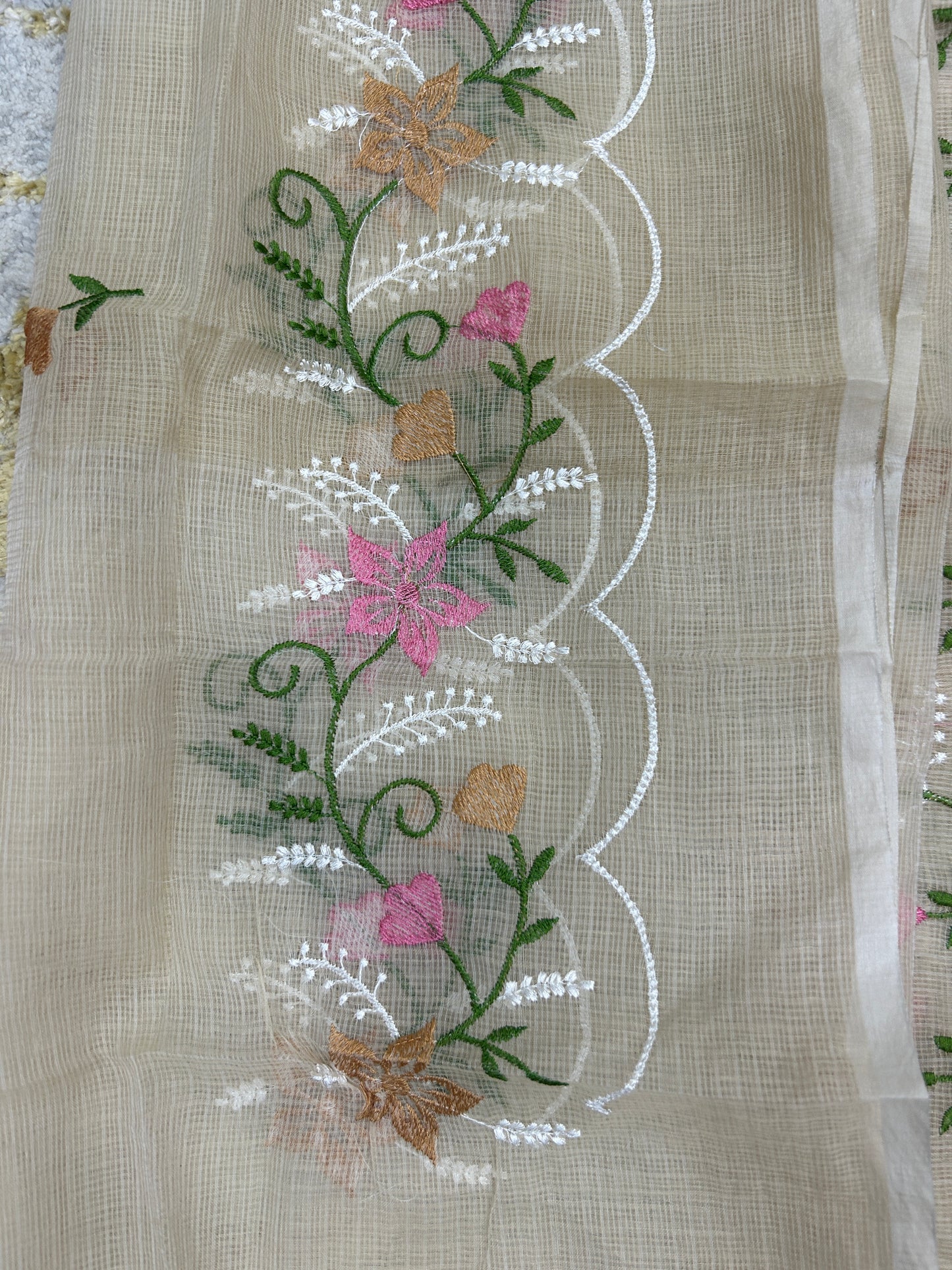 Beige Floral Embroidered Kota Doria 3 piece unstitched Dress Material